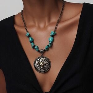 Western Longhorn Bull Medallion Turquoise Coastal Cowgirl Necklace Silver Tone